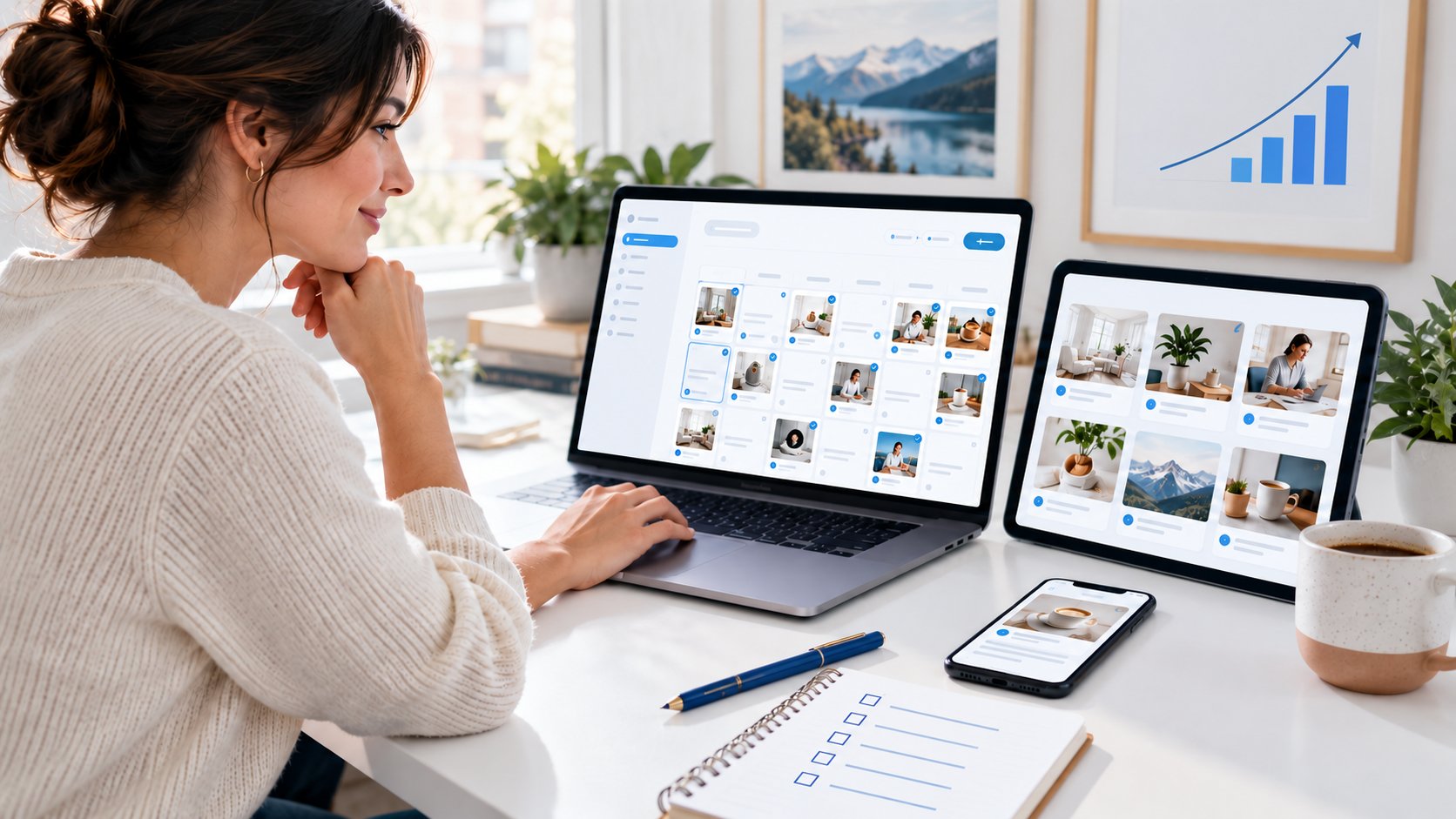 Business owner reviewing scheduled social media content across a laptop, tablet, and phone