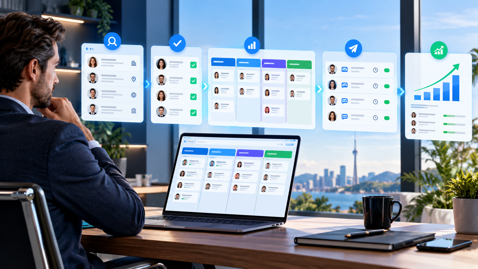Business owner reviewing AI-assisted prospect discovery, lead qualification, CRM stages, and scheduled follow-up